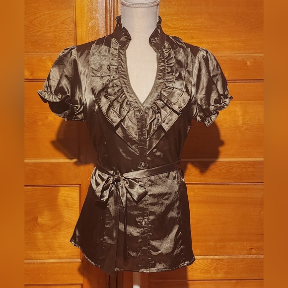 Olive green ruffle silky blouse - Picture 1 of 6
